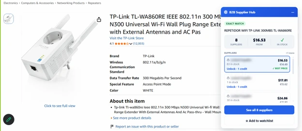 A product listing shown alongside live supplier data: multiple suppliers, price from, and in-stock status visible before committing any money