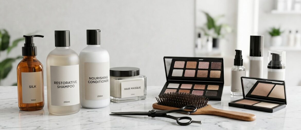 Wholesale hair care products, salon shampoo bottles, cosmetics, and beauty supplies on marble table