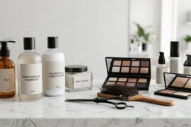 Wholesale hair care products, salon shampoo bottles, cosmetics, and beauty supplies on marble table
