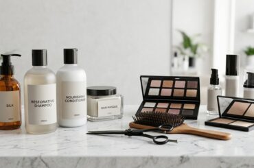 Wholesale hair care products, salon shampoo bottles, cosmetics, and beauty supplies on marble table