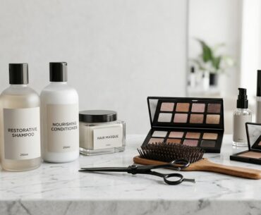 Wholesale hair care products, salon shampoo bottles, cosmetics, and beauty supplies on marble table
