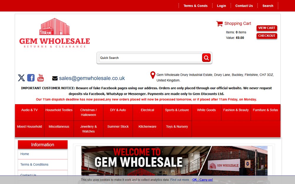 Gem Wholesale UK official homepage and liquidation surplus stock sourcing portal