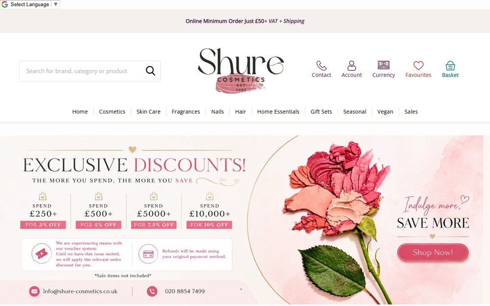 Shure Wholesale Cosmetics official website and branded beauty trade catalog