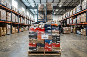 Shoe and sneaker liquidation pallet in warehouse