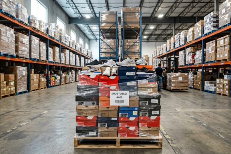 Shoe and sneaker liquidation pallet in warehouse