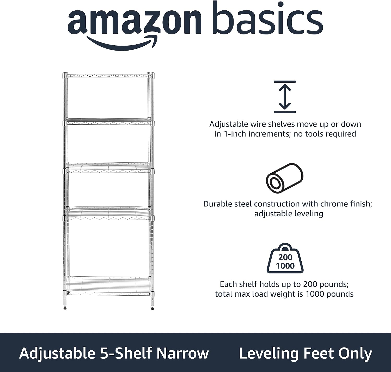 Adjustable wire shelf heights in 1-inch increments without tools