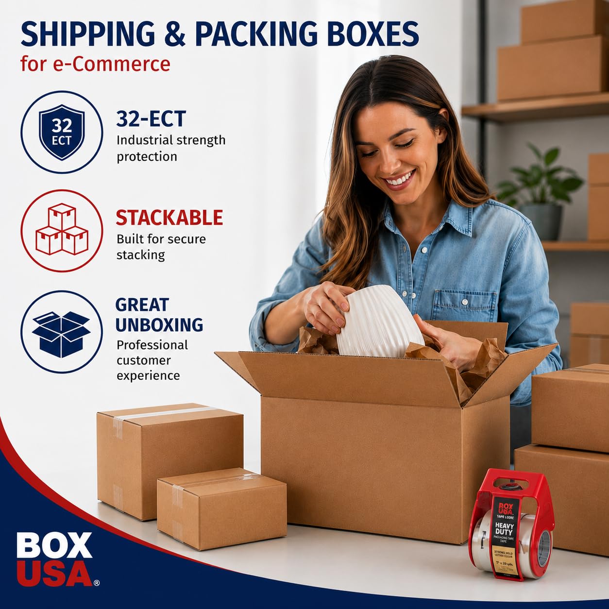 BOX USA standard commercial ECT-32 crush resistant kraft cardboard shipping cartons