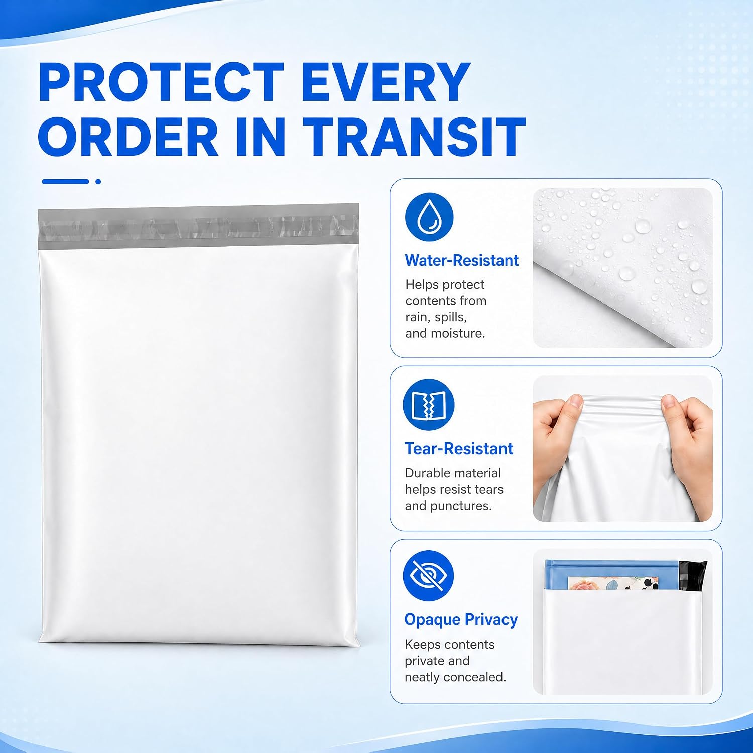 Durable tear proof white poly mailer bags for shipping apparel and accessories
